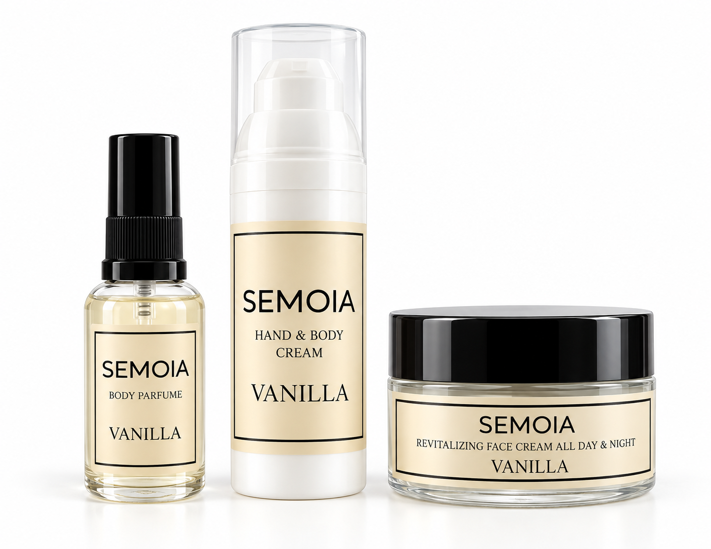 Sada -Revitalizační pleťový krém, vyživující krém na ruce a tělo a tělový parfém Vanilla