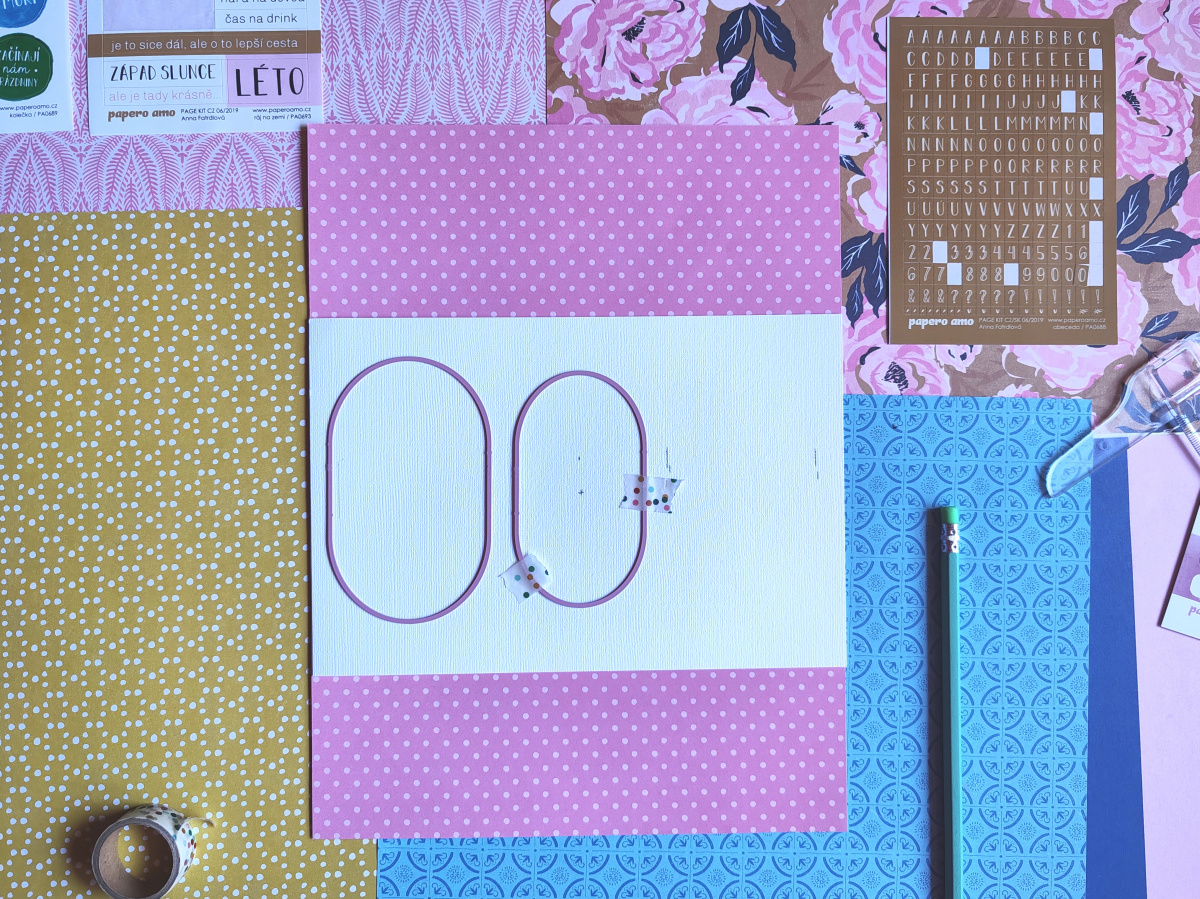 Scrapbooková stránka s oválnými fotografiemi krok za krokem