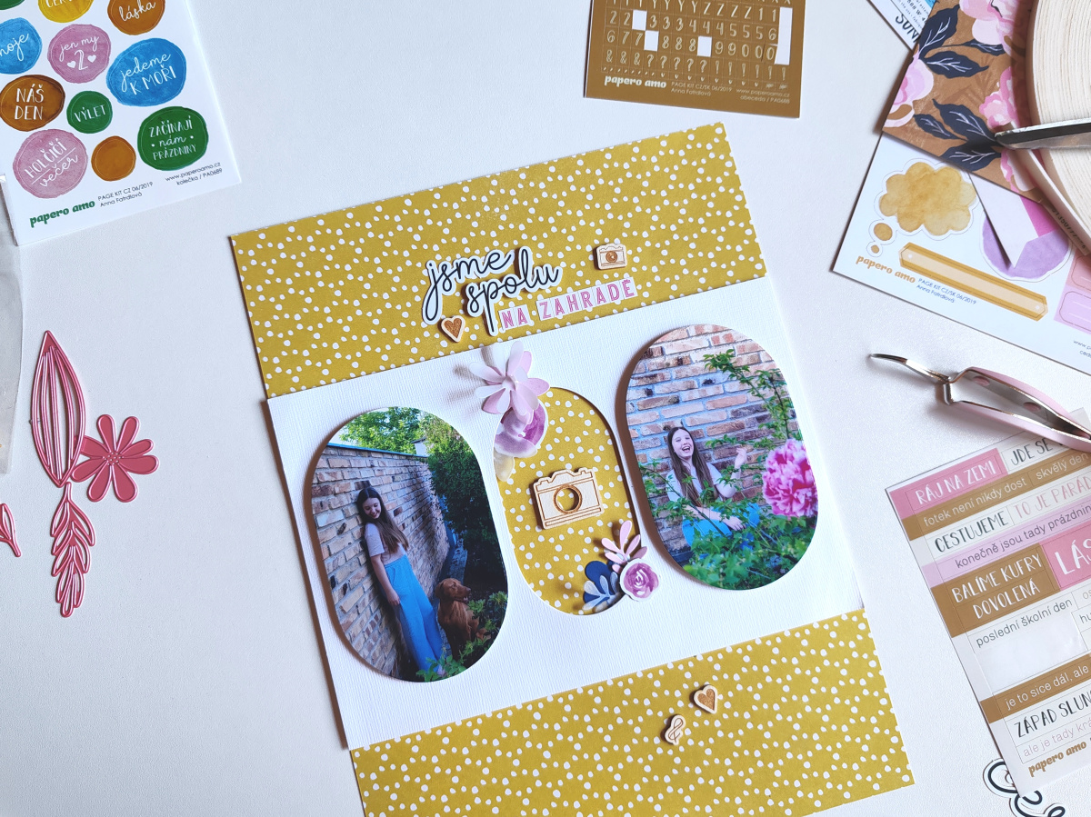 Scrapbooková stránka s oválnými fotografiemi krok za krokem
