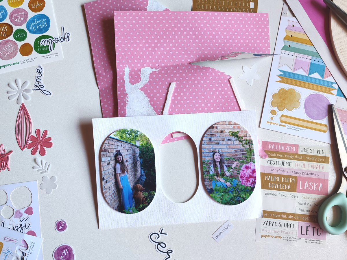 Scrapbooková stránka s oválnými fotografiemi krok za krokem