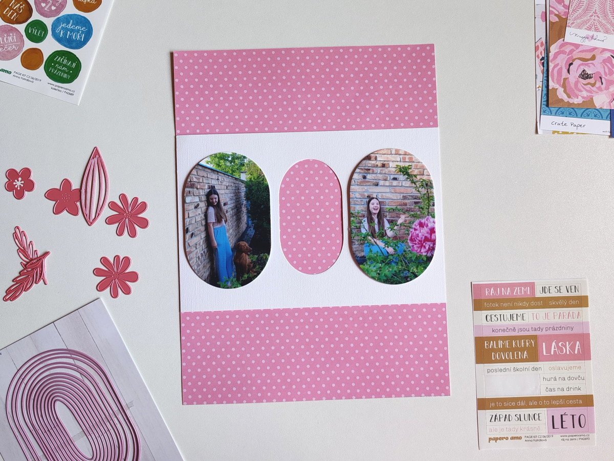 Scrapbooková stránka s oválnými fotografiemi krok za krokem