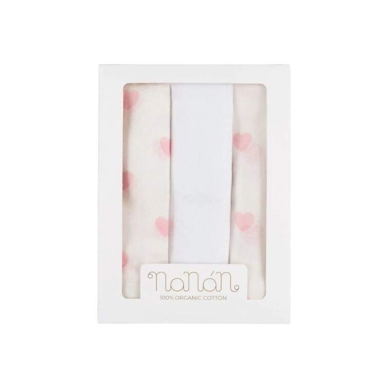 Nanán Set 3ks mušelínové plienky 80×80 cm ružové srdiečka | 100% organická bavlna, prémiová kvalita