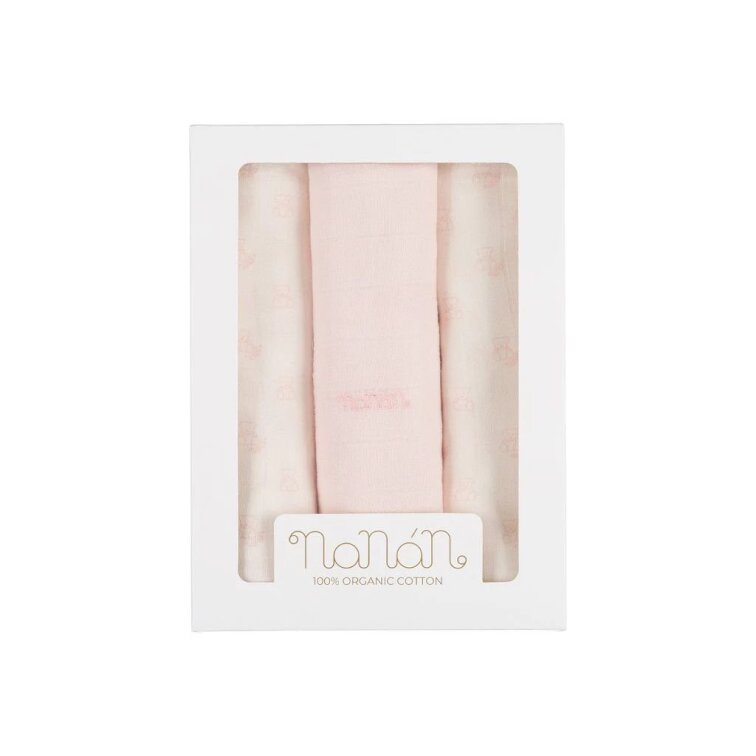 Nanán Set 3ks mušelínové plienky 80×80 cm ružové medvedíky | 100% organická bavlna, prémiová kvalita
