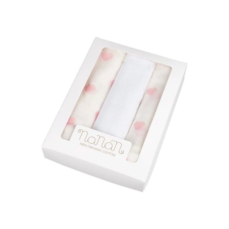 Nanán Set 3ks mušelínové plienky 80×80 cm ružové srdiečka | 100% organická bavlna, prémiová kvalita