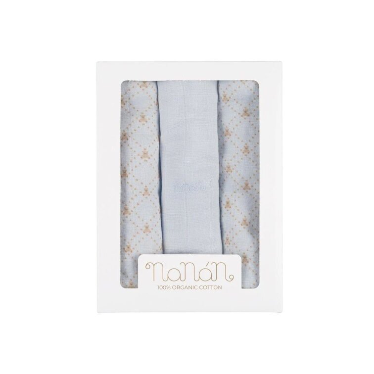 Nanán Set 3 ks mušelínové plienky 80x80 cm – modré | 100 % organická bavlna, prémiová kvalita