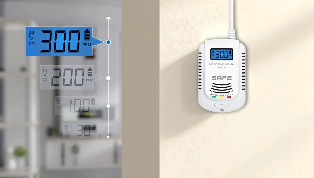 Kombinovaný detektor CO, hořlavých a výbušných plynů SAFE 808COM