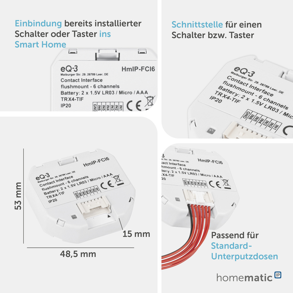 Homematic IP Univerzální kontaktní senzor - skrytá montáž, 6 kanálů - HmIP-FCI6
