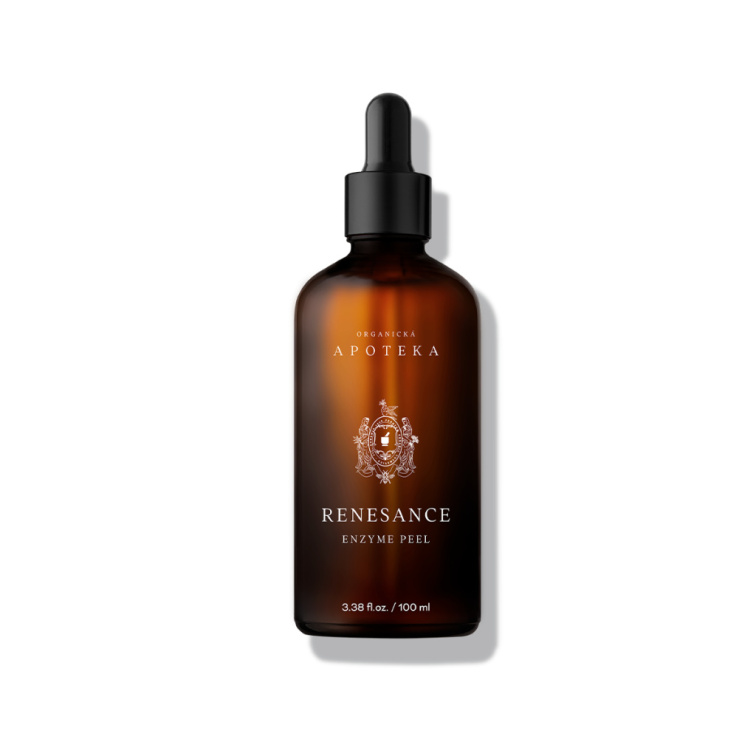 Hnědá skleněná lahvička enzymatického peelingu Renesance s pipetkou na bílém pozadí 