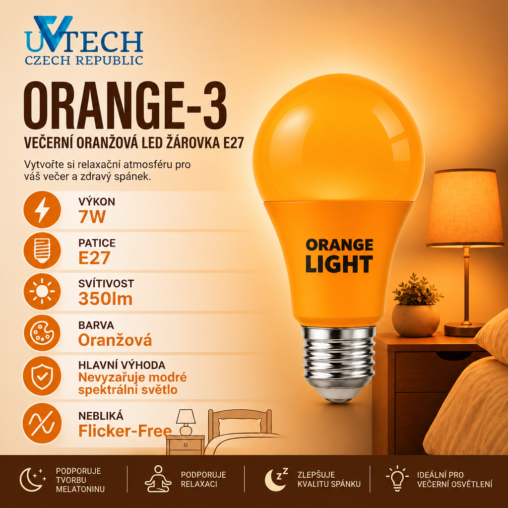 Biodynamická večerní oranžová LED žárovka E27 7W bez flickru
