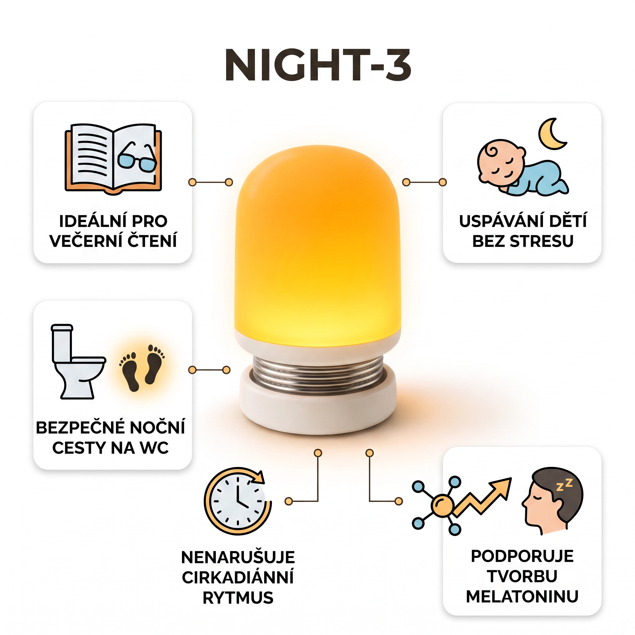NIGHT-3 oranžová LED lampička bez obsahu modré na baterii, stmívatelná