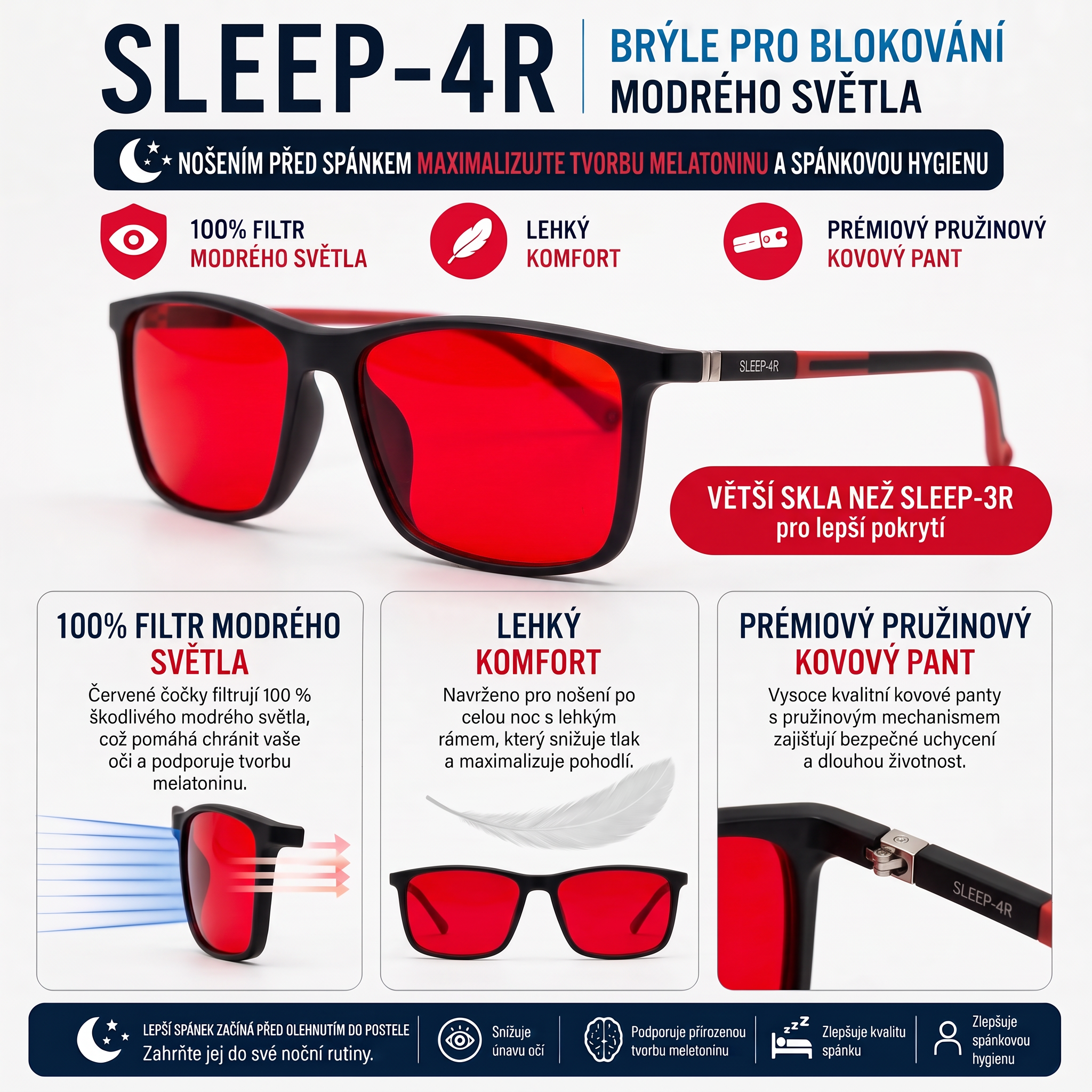 SLEEP-4R stylové brýle proti modrému a zelenému světlu - červené