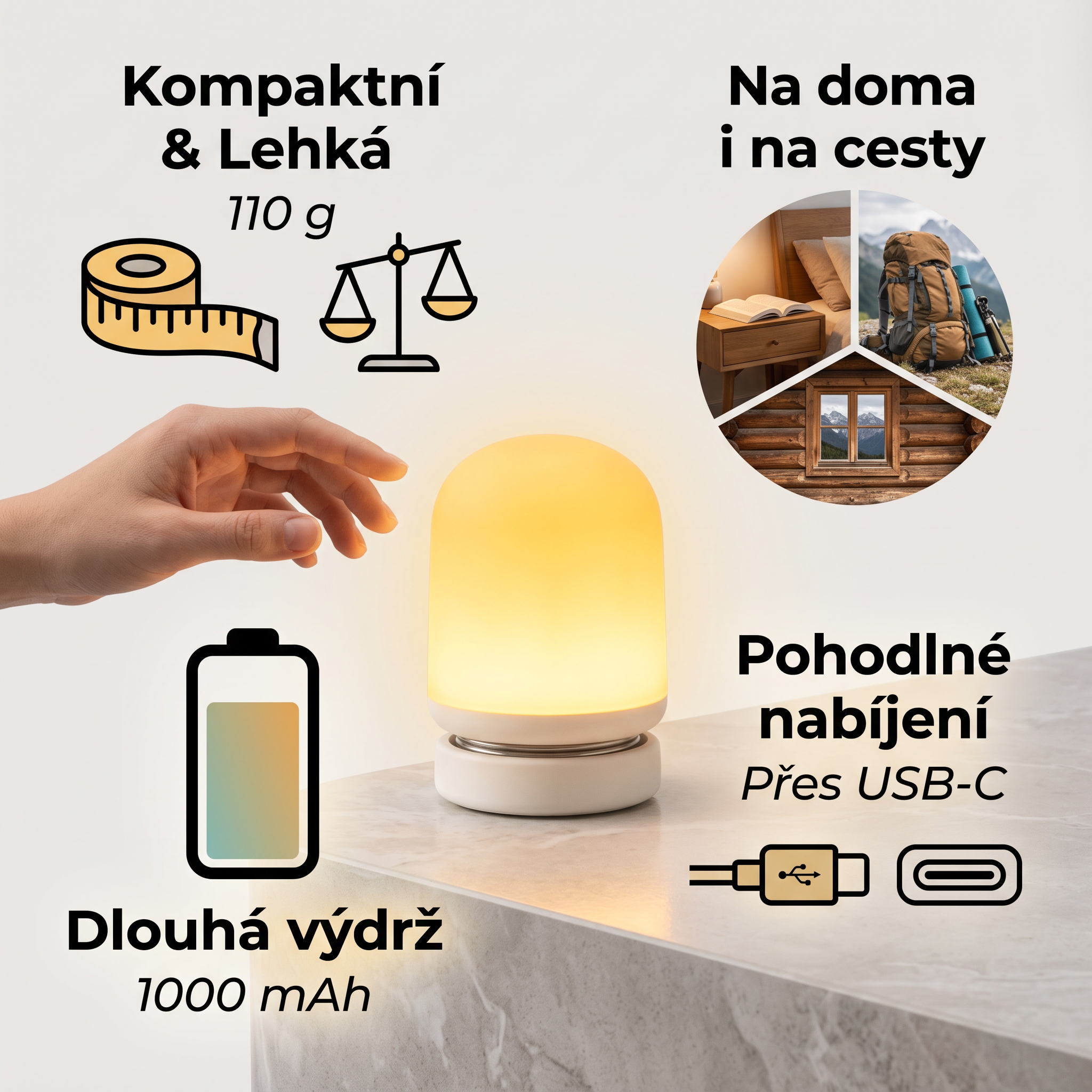 NIGHT-3 oranžová LED lampička bez obsahu modré na baterii, stmívatelná