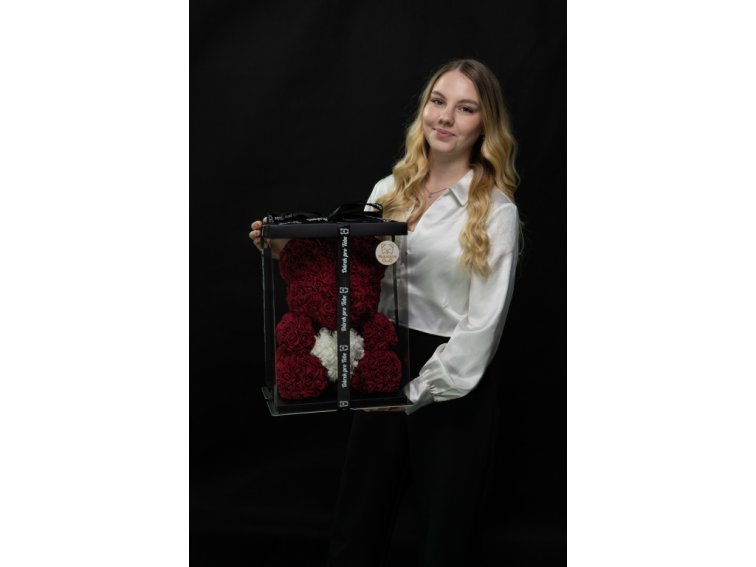 Medvídárek BIG Classic medvídek z růží 40cm dárkově balený - tmavě červený s bílým srdcem