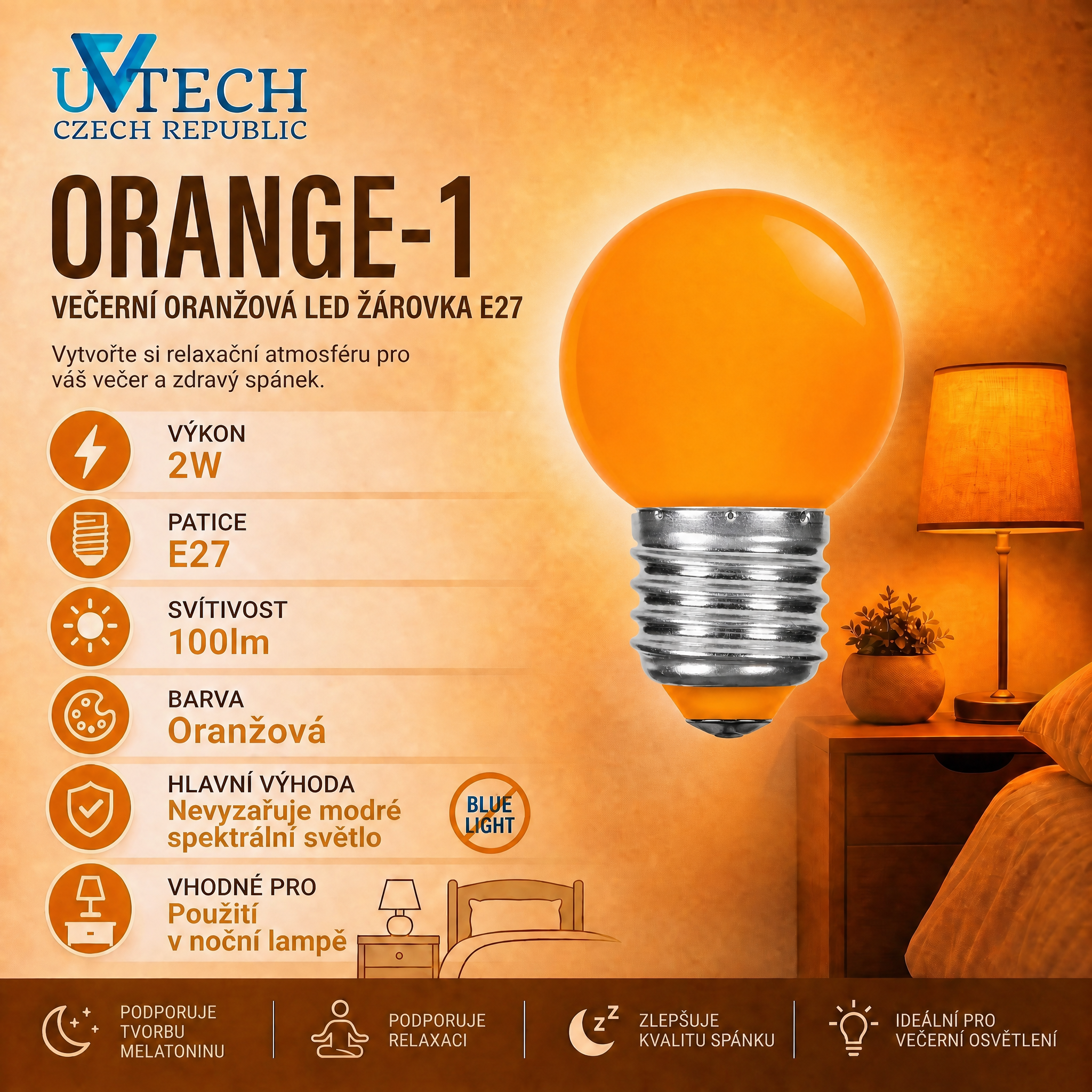 Biodynamická večerní oranžová LED žárovka E27 2W