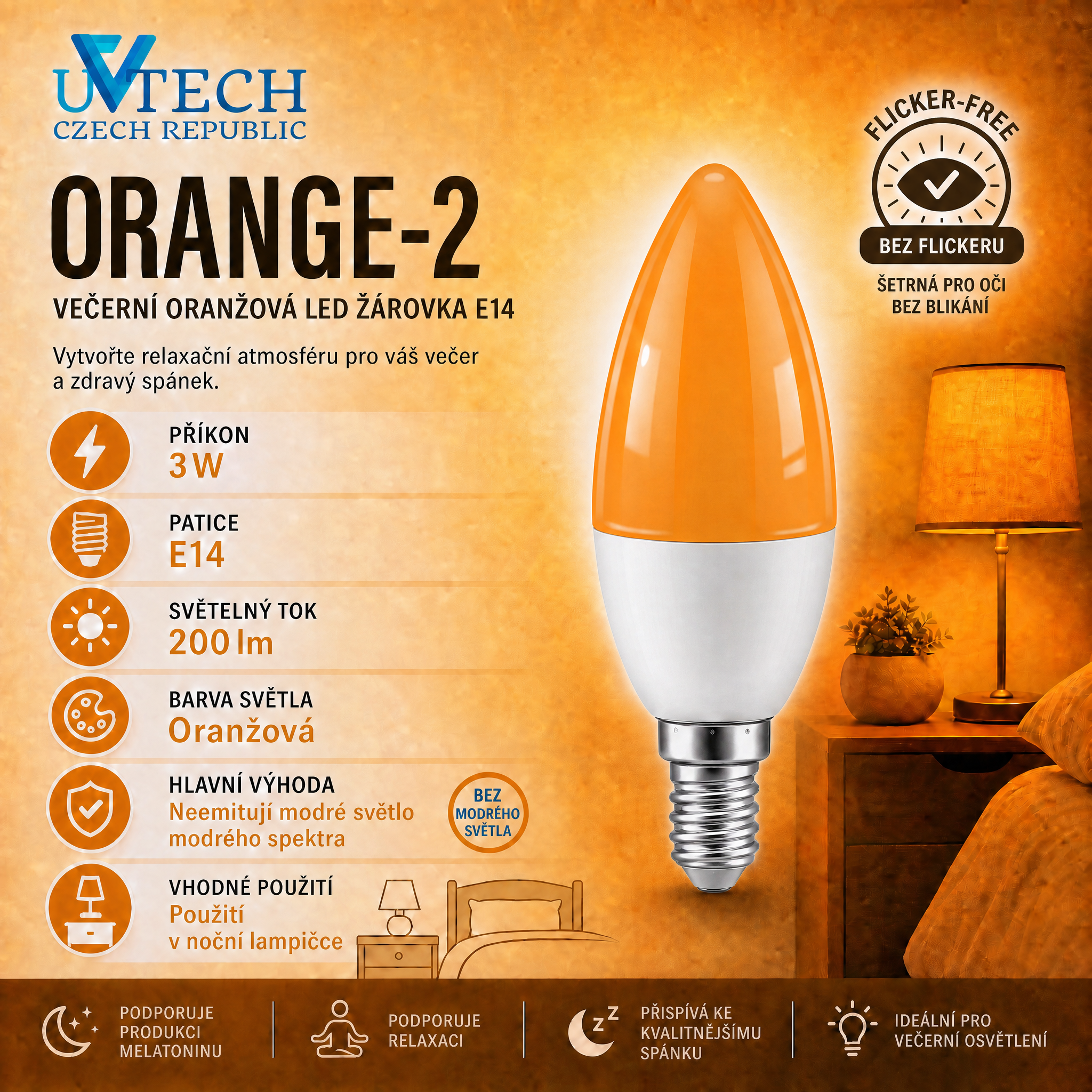 Biodynamická večerní oranžová LED žárovka E14 3W bez flickru
