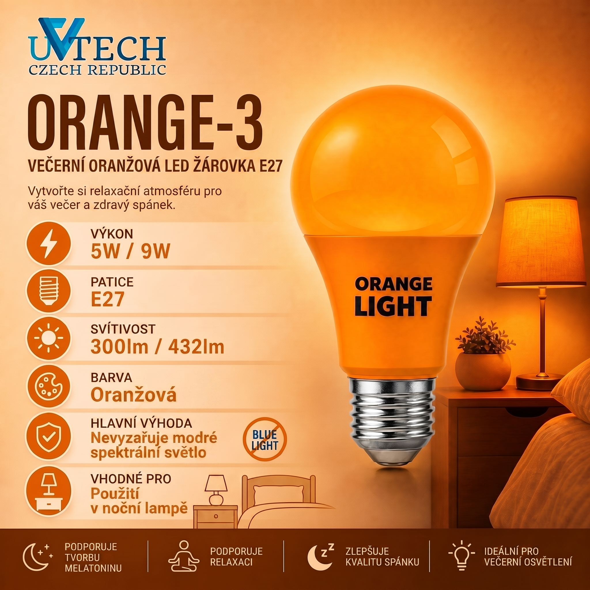 Biodynamická večerní oranžová LED žárovka E27 5W