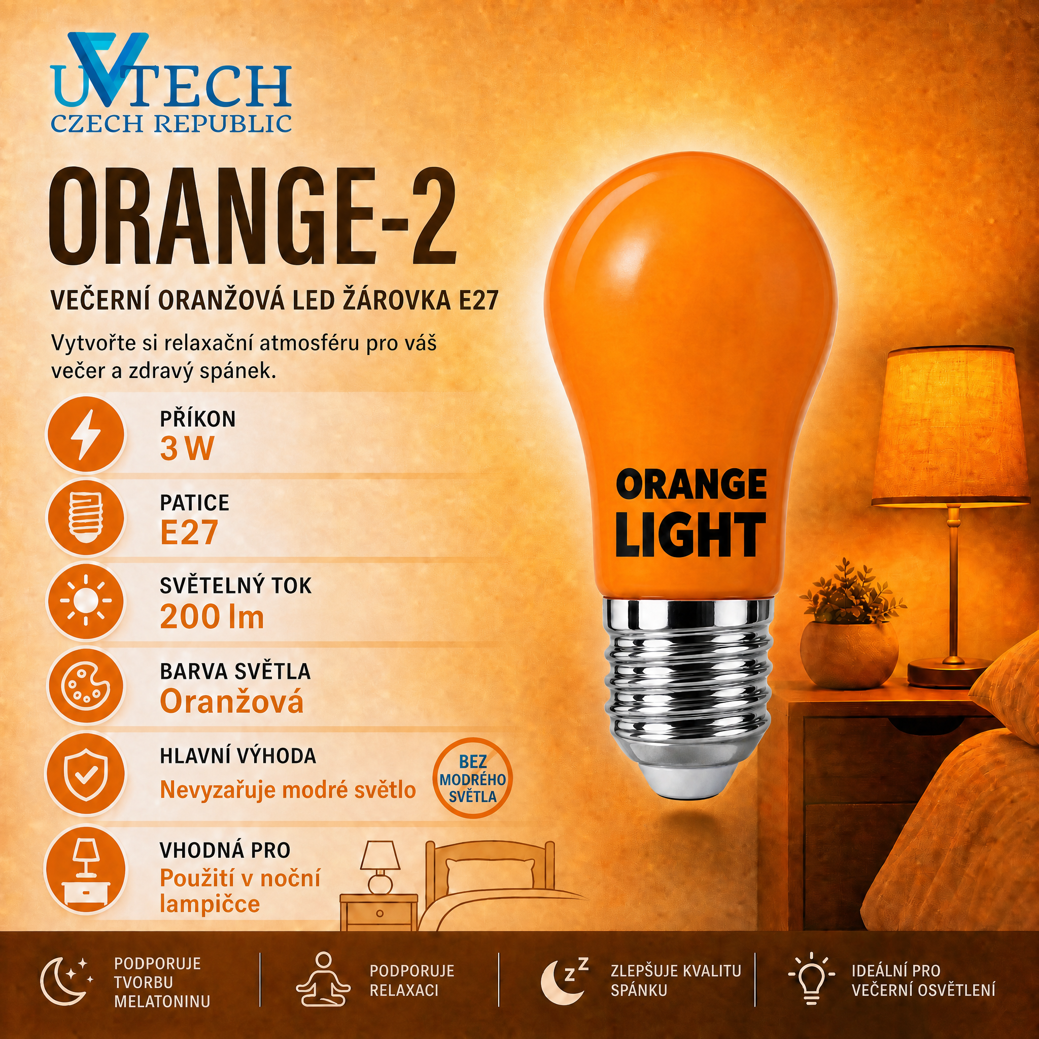 Biodynamická večerní oranžová LED žárovka E27 3W