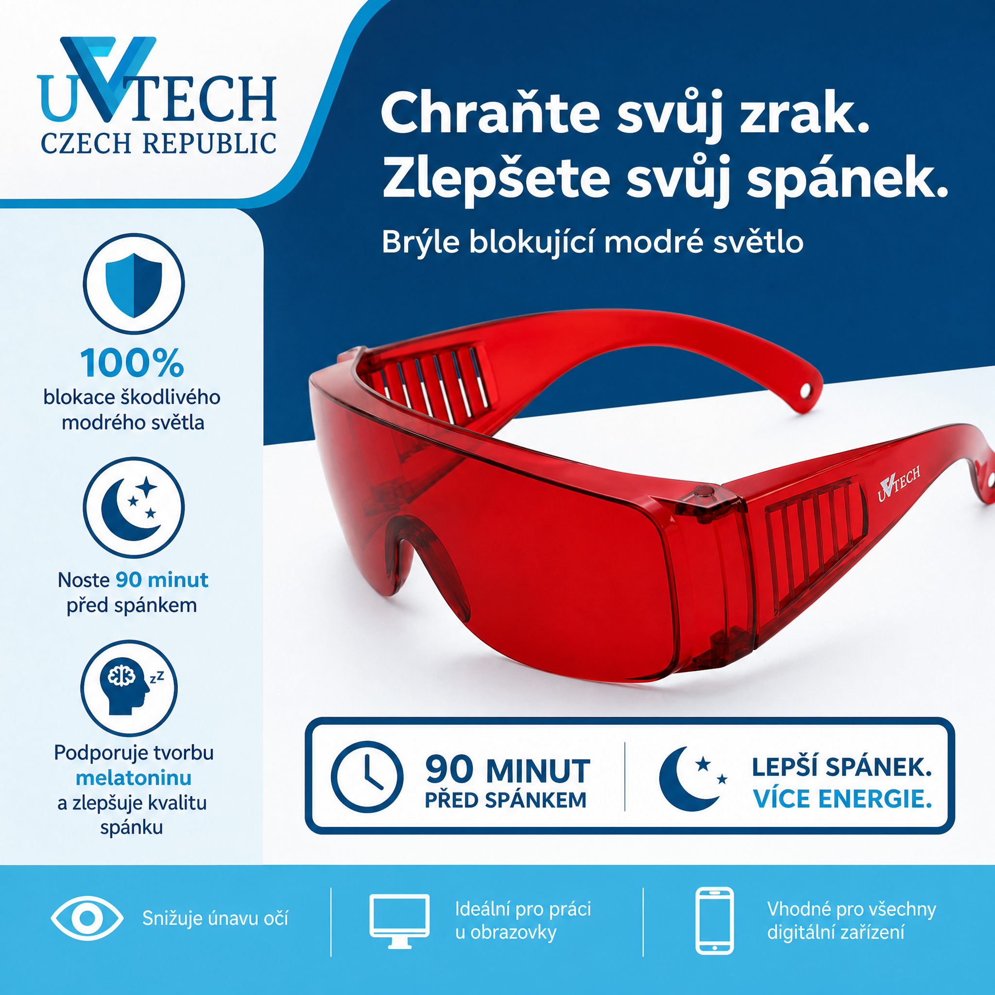 SLEEP-1 světle červené brýle proti modrému a zelenému světlu