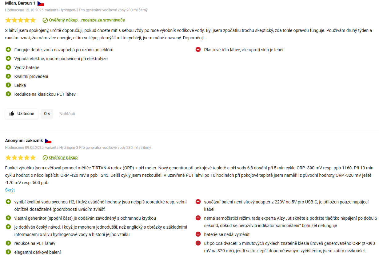 Hydrogen-3 Pro generátor vodíkové vody 280ml