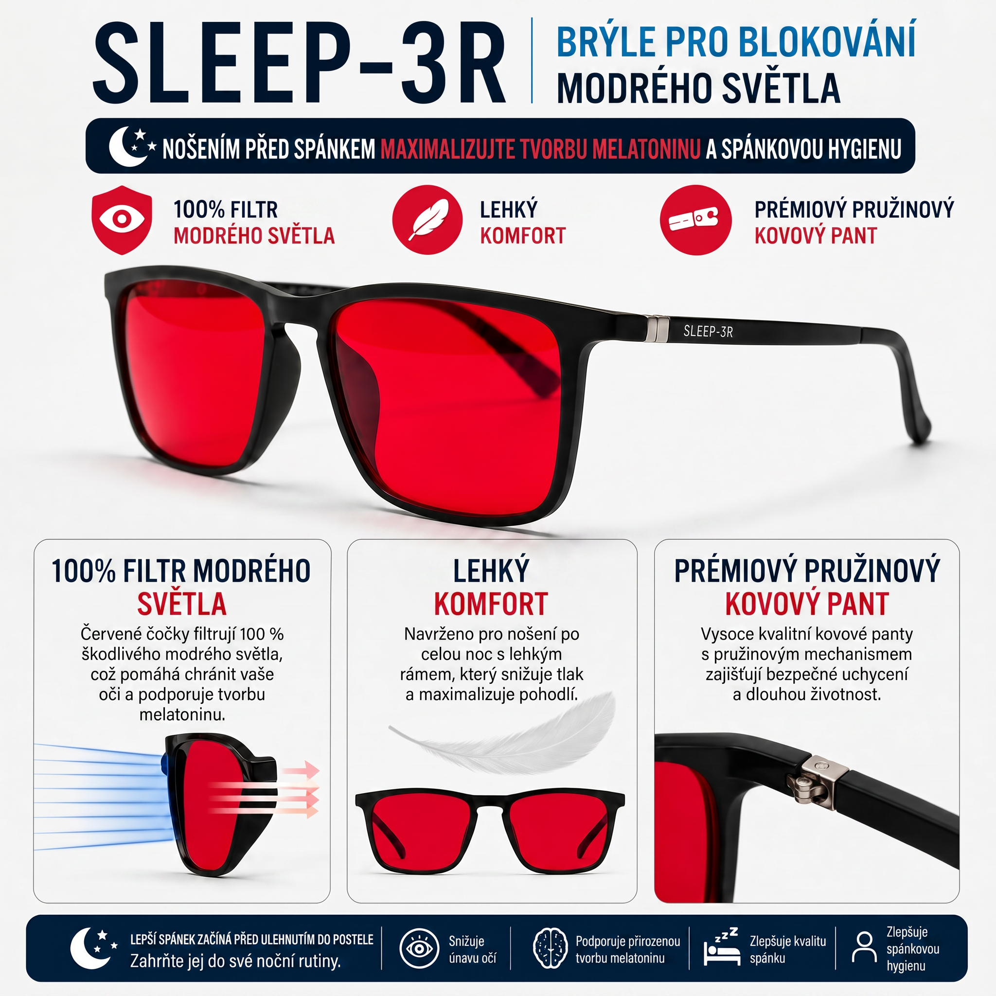 SLEEP-3R stylové brýle proti modrému a zelenému světlu - červené