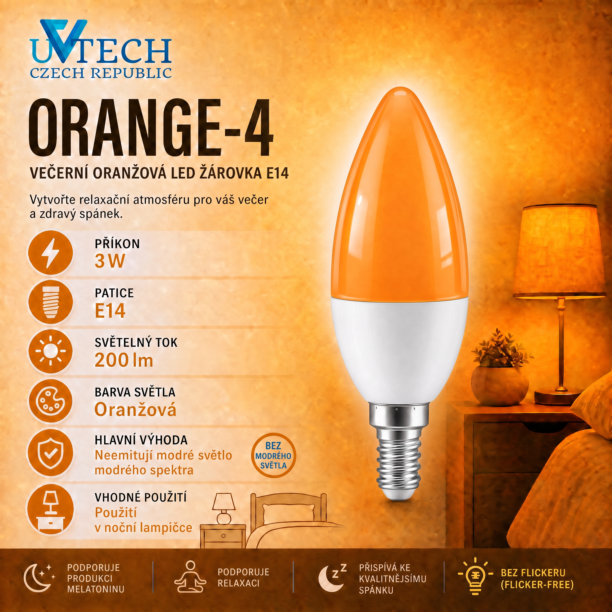 Biodynamická večerní oranžová LED žárovka E14 3W bez flickru