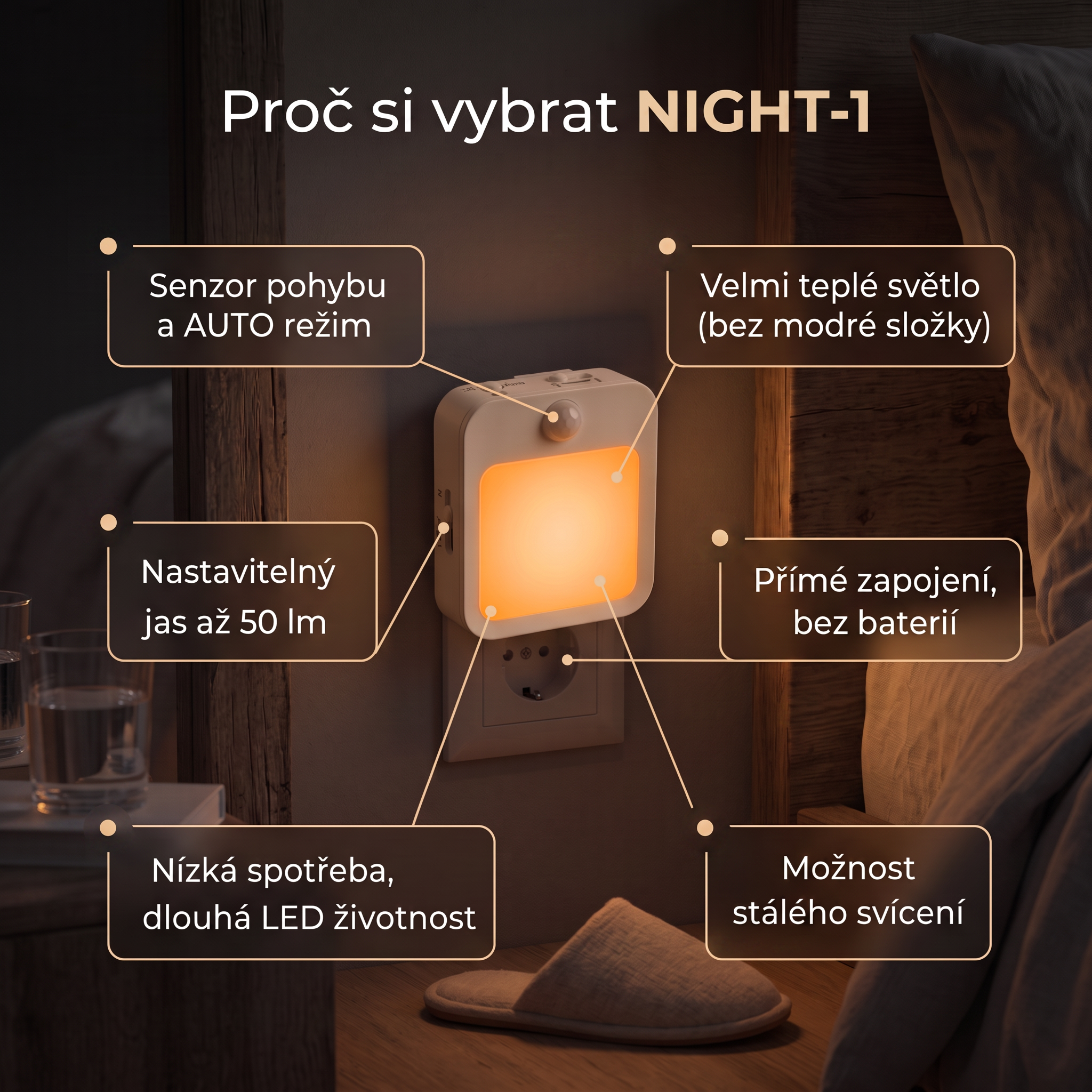 NIGHT-1 oranžové noční LED světlo do zásuvky se senzorem pohybu bez modré složky