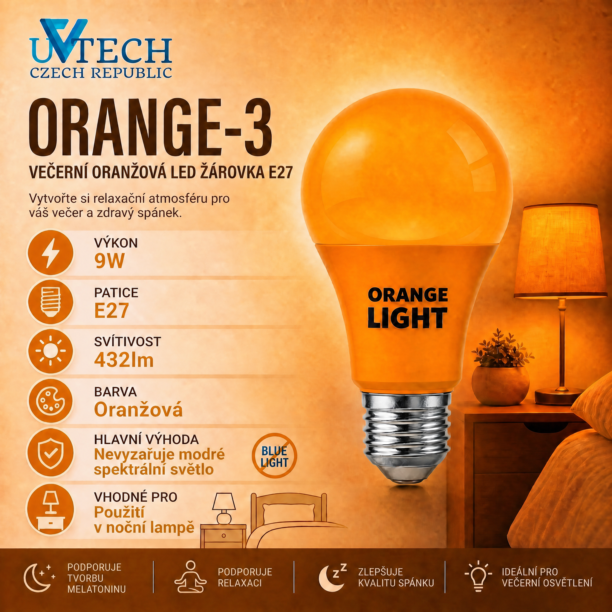Biodynamická večerní oranžová LED žárovka E27 9W