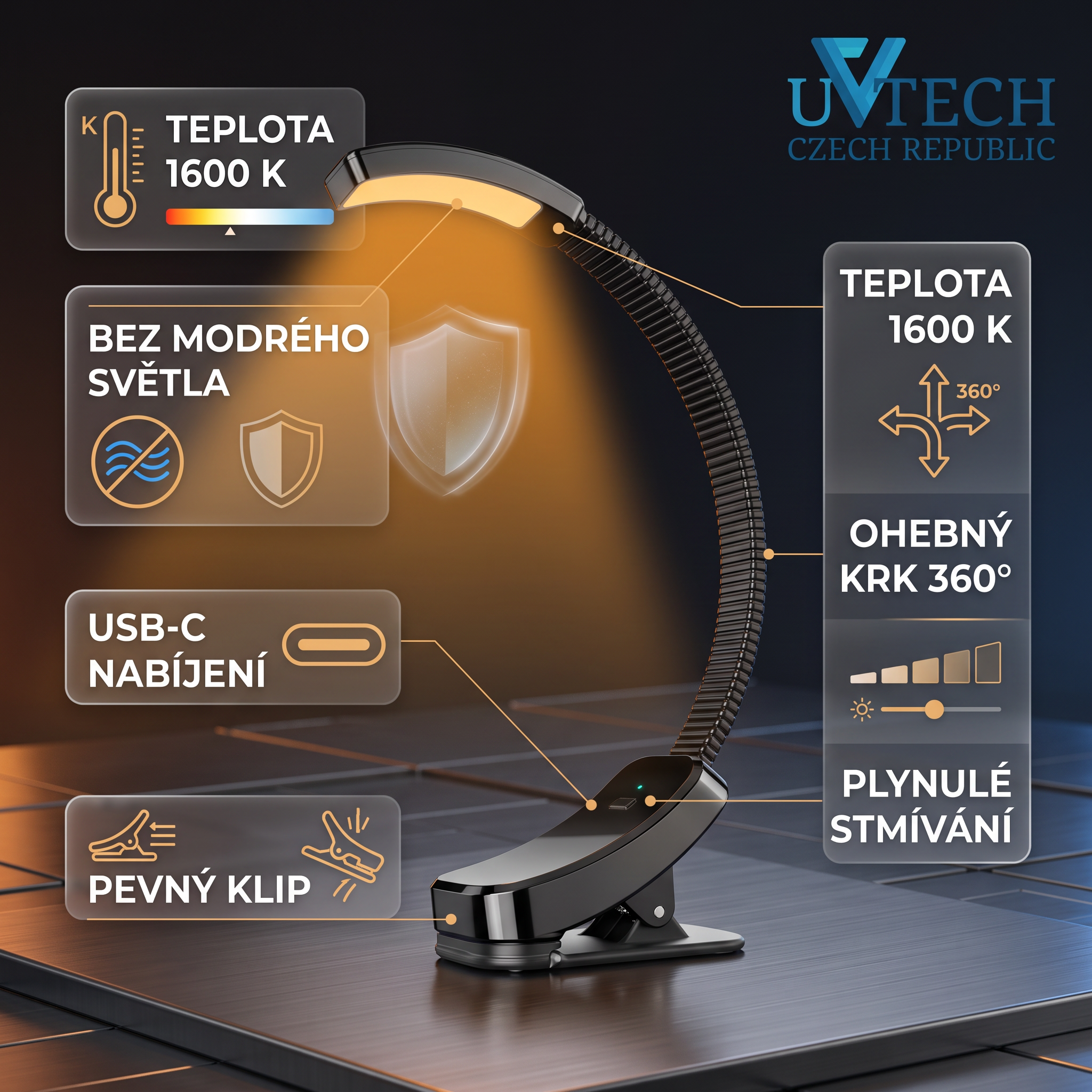 NIGHT-2 oranžová LED lampička bez obsahu modré s klipem, stmívatelná