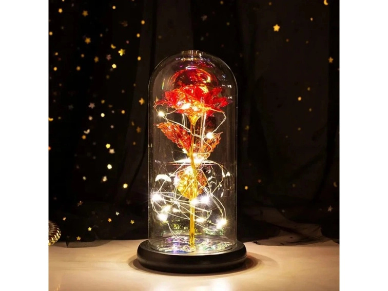 Svítící věčná růže ve skle - modro zlatá