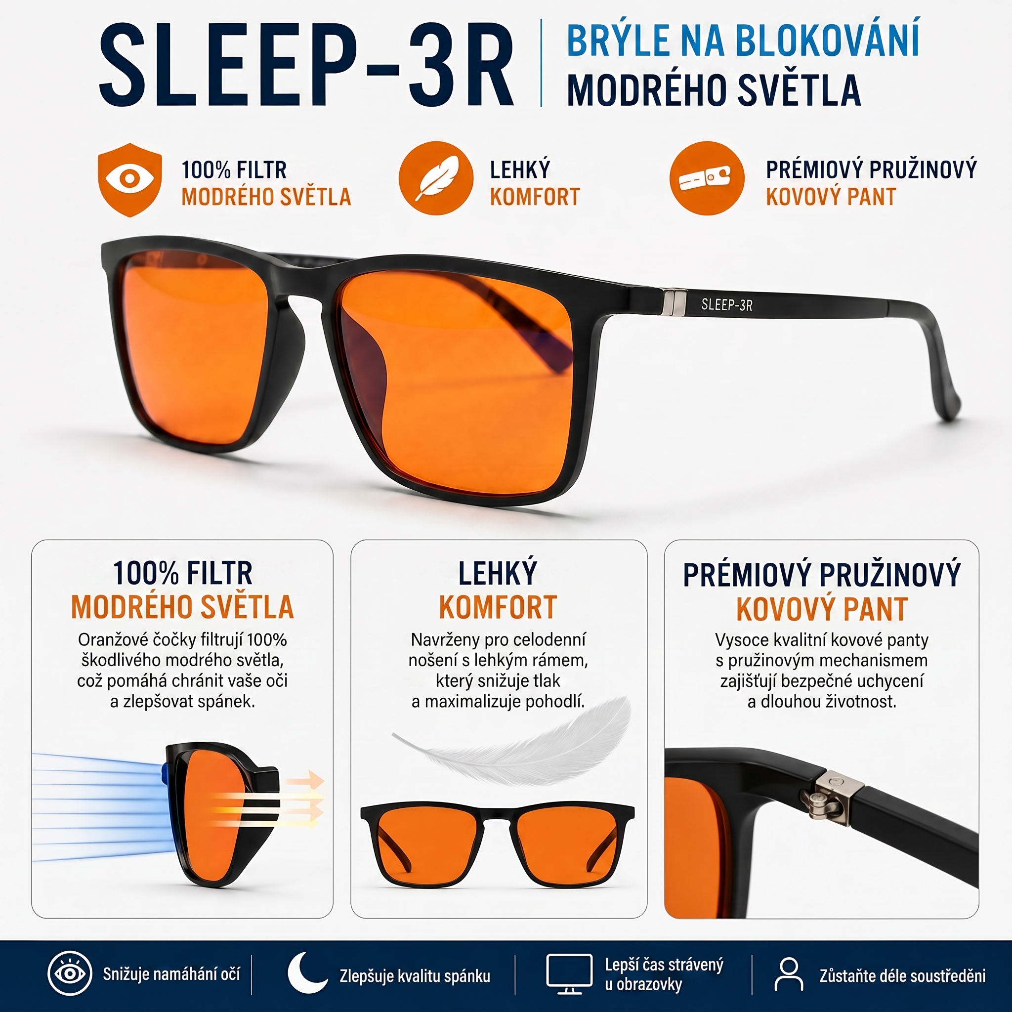 SLEEP-3R stylové brýle proti modrému a zelenému světlu - oranžové