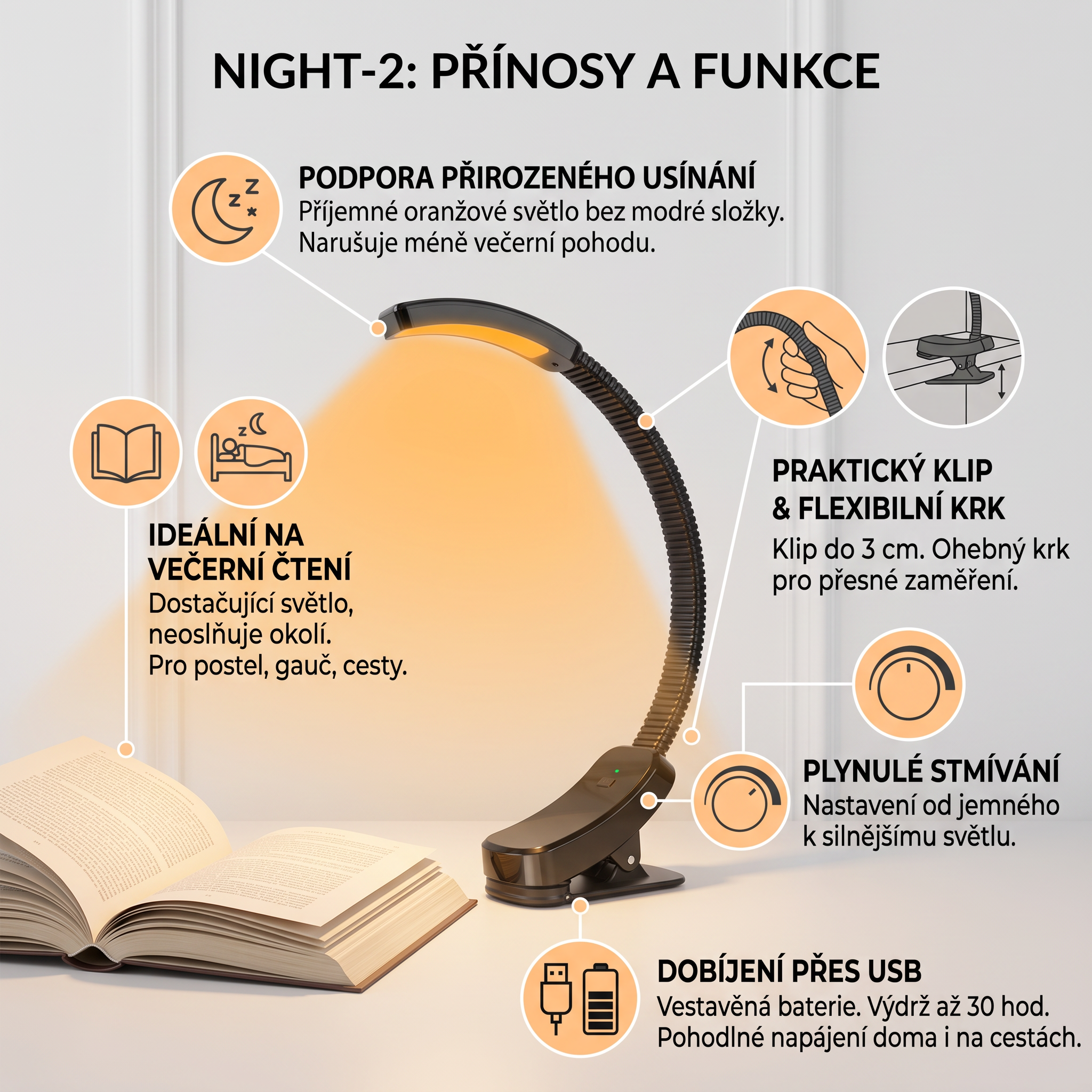 NIGHT-2 oranžová LED lampička bez obsahu modré s klipem, stmívatelná