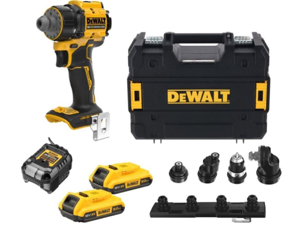 DCD803D2T DEWALT 18 V AKU BEZUHLÍKOVÁ VÍCEHLAVOVÁ VRTAČKA, 2 X 2,0 AH BATERIE, NABÍJEČKA, KUFR T-STAK