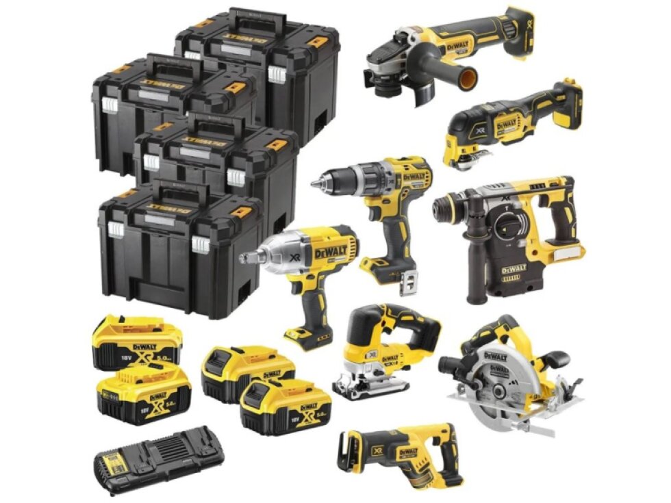 DCK865P4T DEWALT 18VOLT AKU KOMBO SADA 8KS NÁŘADÍ, BATERIE 4 X 5,0 AH XR LI-ION, NABÍJEČKA, 4 X KUFR T-STAK