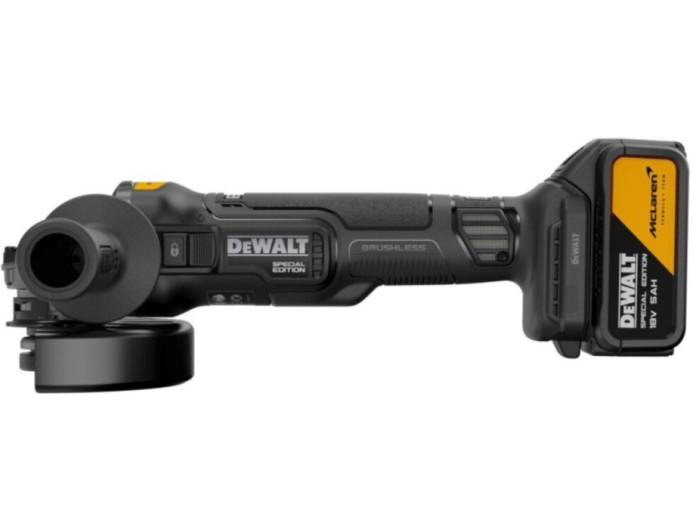 DCG45MP2T-QW DEWALT MCLAREN 18V AKU BEZUHLÍKOVÁ ÚHLOVÁ BRUSKA, 2 X 5,0 AH BATERIE, NABÍJEČKA, KUFR T-STAK