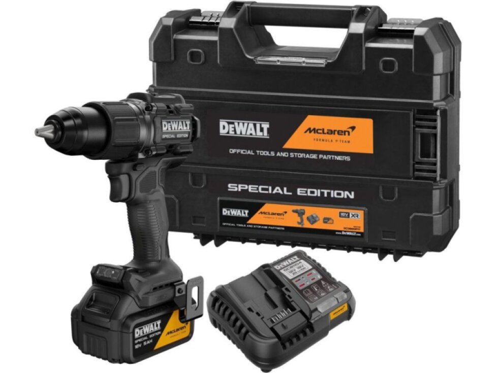 DCD86MP1T-QW DEWALT MCLAREN 18V AKU BEZUHLÍKOVÁ PŘÍKLEPOVÁ VRTAČKA, 1 X 5,0 AH BATERIE, NABÍJEČKA, KUFR T-STAK