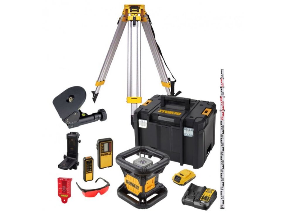 DCK374D1R DEWALT SADA ROTAČNÍHO, ČERVENÉHO LASERU 360° SAMONIVELACE, 1X 2,0aH BATERIE, STATIV, MĚŘÍCÍ TYČ A DALŠÍ PŘÍSLUŠENSTVÍ,