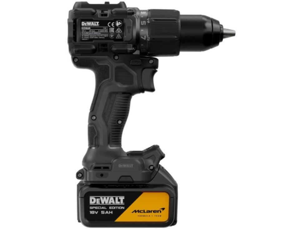 DCD86MP1T-QW DEWALT MCLAREN 18V AKU BEZUHLÍKOVÁ PŘÍKLEPOVÁ VRTAČKA, 1 X 5,0 AH BATERIE, NABÍJEČKA, KUFR T-STAK