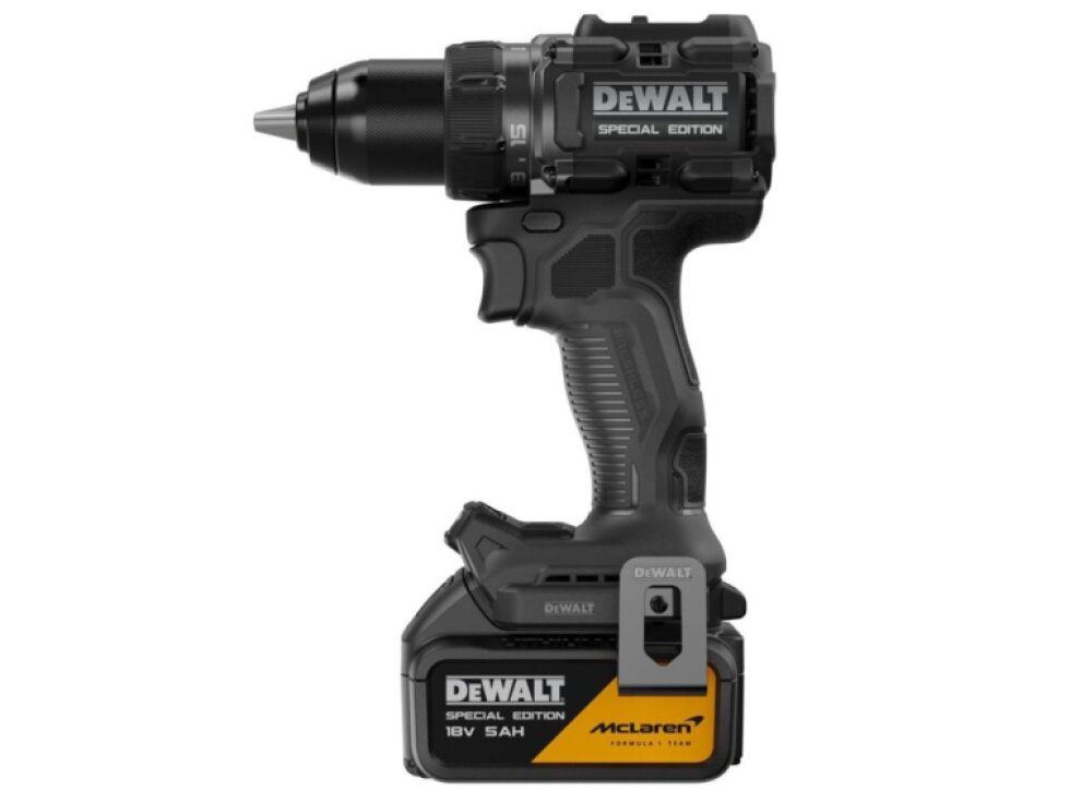 DCD81MP2T-QW DEWALT MCLAREN 18V AKU BEZUHLÍKOVÁ VRTAČKA / ŠROUBOVÁK, 2 X 5,0 AH BATERIE, NABÍJEČKA, KUFR T-STAK