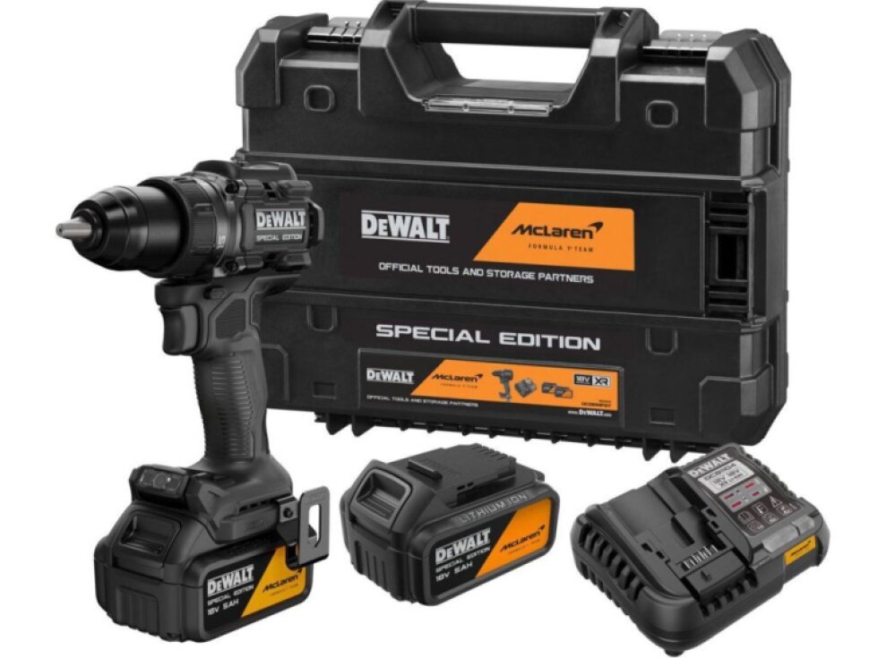 DCD81MP2T-QW DEWALT MCLAREN 18V AKU BEZUHLÍKOVÁ VRTAČKA / ŠROUBOVÁK, 2 X 5,0 AH BATERIE, NABÍJEČKA, KUFR T-STAK