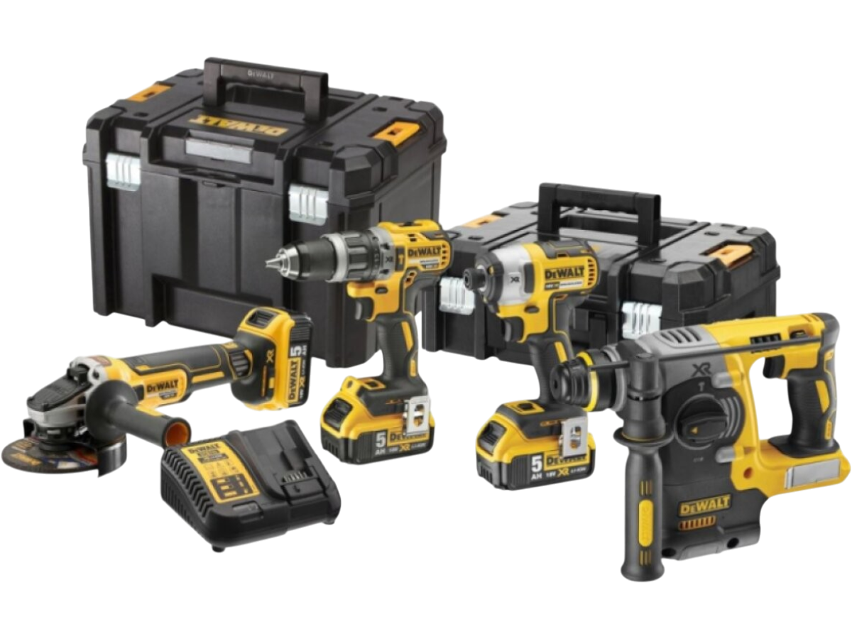 DCK422P3T DEWALT 18VOLT AKU KOMBO SADA NÁŘADÍ 4KS, ÚHLOVÁ BRUSKA, KOMBI KLADIVO, PŘÍKLEPOVÁ VRTAČKA, 1/4" RÁZ. UTAHOVÁK, A 3 X 5,0Ah AKU, 2X T-STAK KUFR