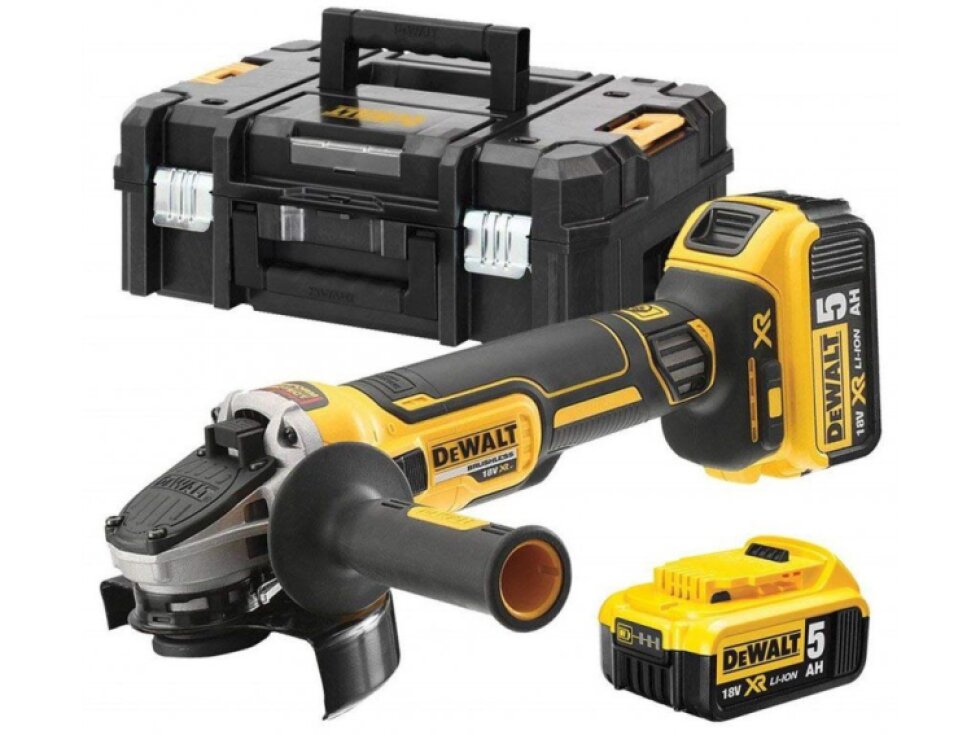 DCG405P2 DEWALT 18 VOLT AKU BEZUHLÍKOVÁ 125MM ÚHLOVÁ BRUSKA, 2X BATERIE XR LI-ION 5,0 AH, NABÍJEČKA, V KUFRU T-STAK
