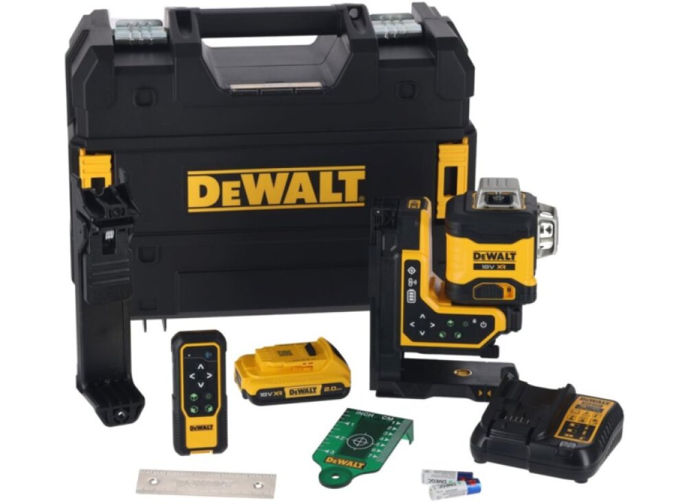 DCLE34035D1 DEWALT AKU LASER 18V XR 3X ZELENÝ PAPRSEK 360° S DÁLKOVÝM OVLÁDÁNÍM, 2AH AKU BATERIE, NABÍJEČKA, T-STAK KUFR
