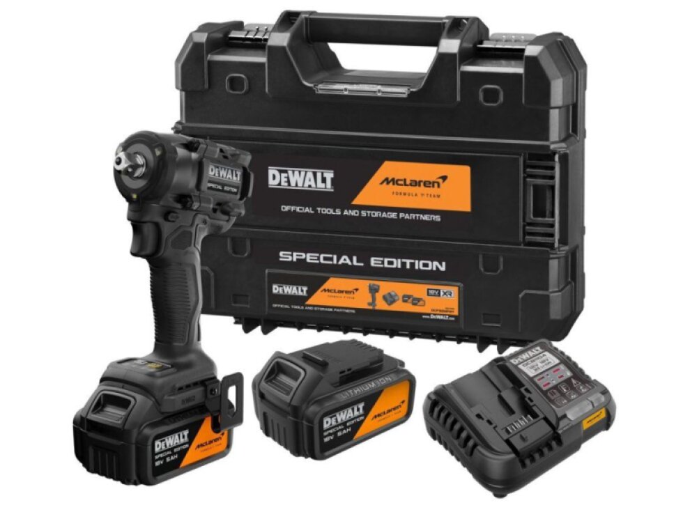 DCF92MP2T-QW DEWALT MCLAREN 18V AKU BEZUHLÍKOVÝ 1/2" RÁZOVÝ UTAHOVÁK, 2 X 5,0 AH BATERIE, NABÍJEČKA, KUFR T-STAK