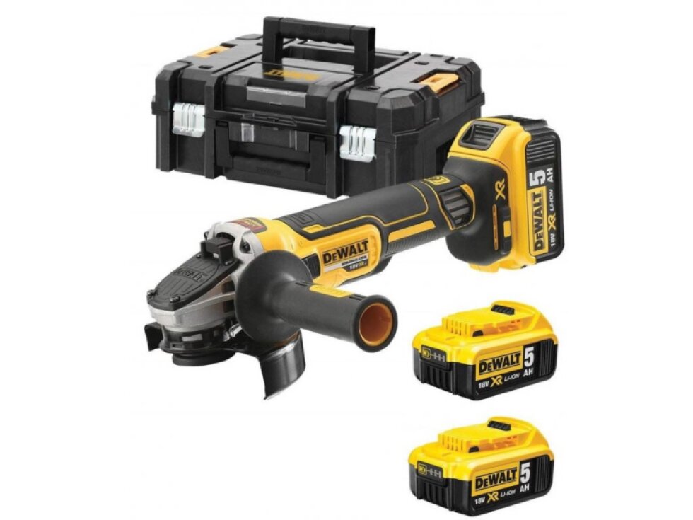 DCG405P3 DEWALT 18V AKU BEZUHLÍKOVÁ 125MM ÚHLOVÁ BRUSKA, 3 X BATERIE XR LI-ION 5,0 AH, NABÍJEČKA, KUFR T-STAK