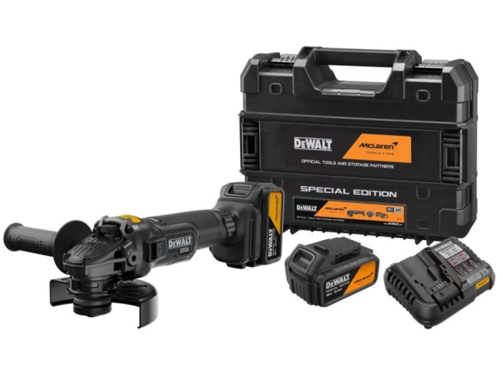 DCG45MP2T-QW DEWALT MCLAREN 18V AKU BEZUHLÍKOVÁ ÚHLOVÁ BRUSKA, 2 X 5,0 AH BATERIE, NABÍJEČKA, KUFR T-STAK