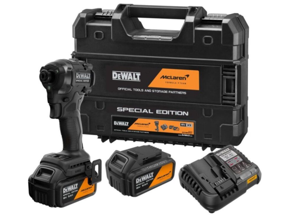 DCF86MP2T-QW DEWALT MCLAREN 18V AKU BEZUHLÍKOVÝ RÁZOVÝ UTAHOVÁK 1/4", 2 X 5,0 AH BATERIE, NABÍJEČKA, KUFR T-STAK