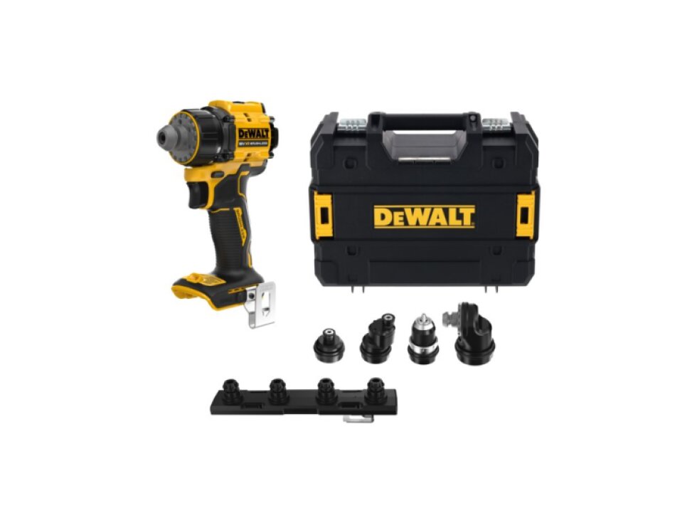 DCD803NT DEWALT 18V AKU BEZUHLÍKOVÁ VRTAČKA S VÝMĚNNÝMI HLAVAMI, BEZ BATERIE A NABÍJEČKY, KUFR T-STAK