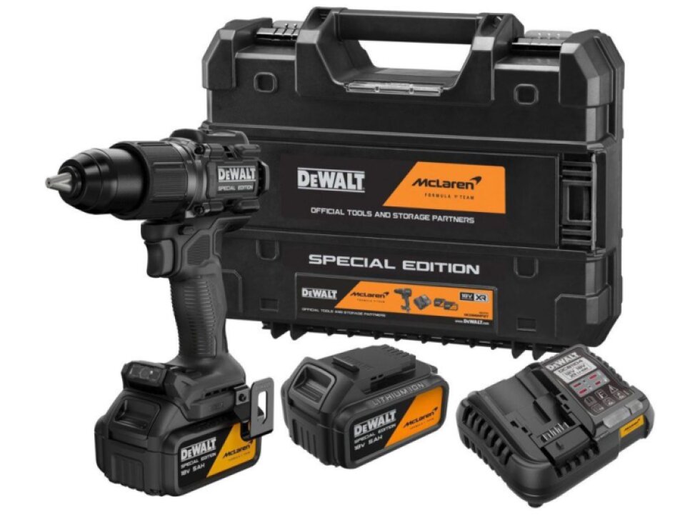 DCD86MP2T-QW DEWALT MCLAREN 18V AKU BEZUHLÍKOVÁ PŘÍKLEPOVÁ VRTAČKA, 2 X 5,0 AH BATERIE, NABÍJEČKA, KUFR T-STAK