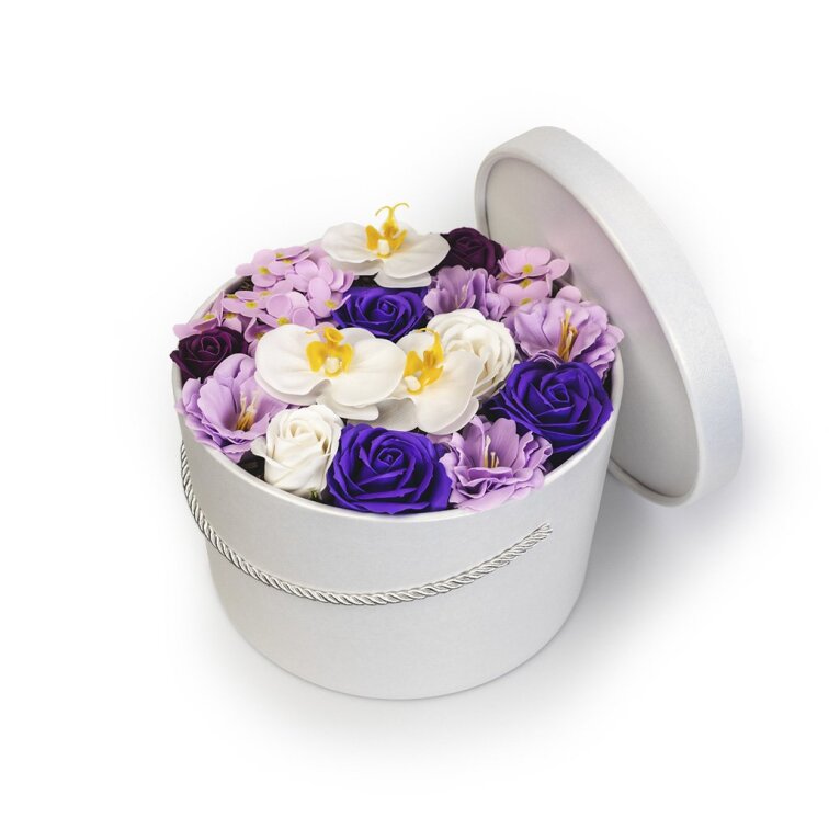Fialové mýdlové květy - bílá krabička