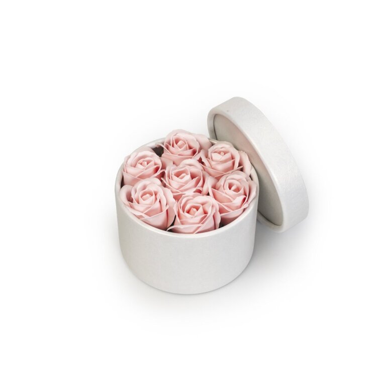 Mýdlové růže ve flower boxu - pastelově růžové růže
